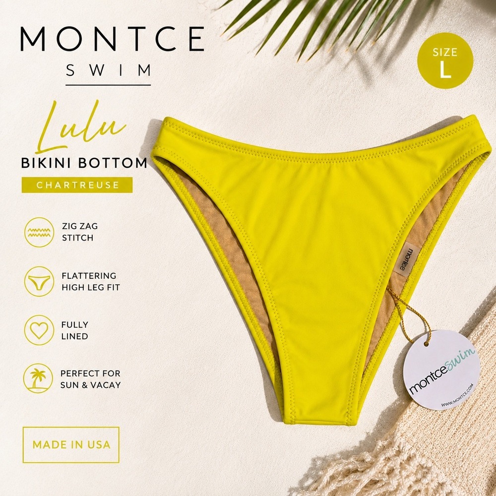 Montce Swim Lulu Bikini Bottom Chartreuse Yellow High Leg Zig Zag Stitch Large